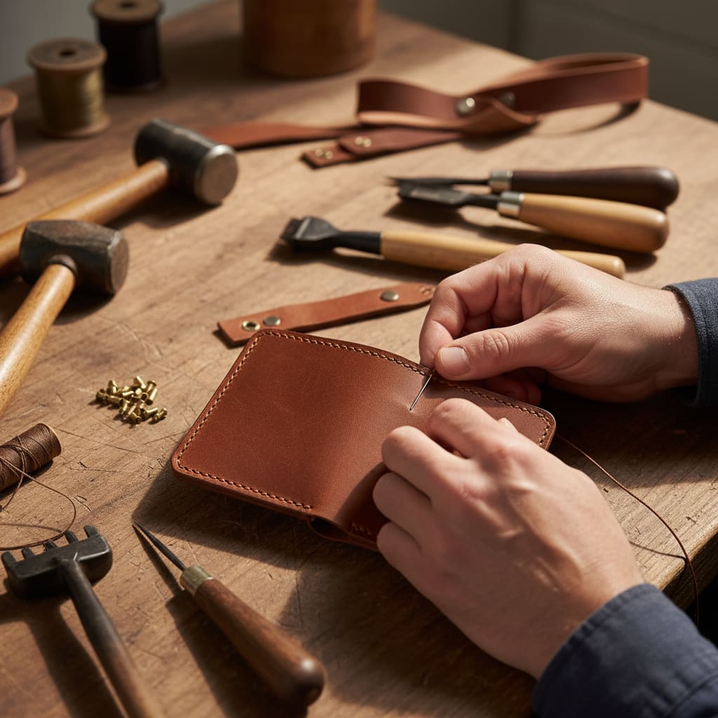 Handwerkliche Fertigung einer Leder-Geldbörse auf der Werkbank