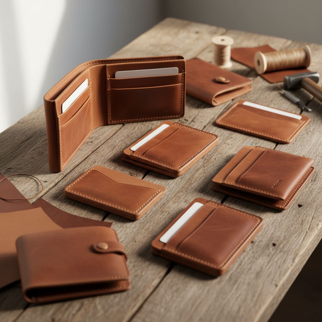 Handgefertigte Leder-Wallets und Kartenetuis arrangiert auf Holz